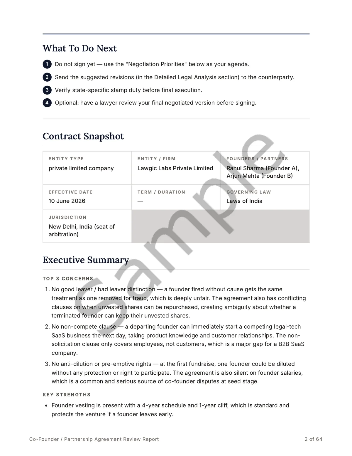Sample report page with the what-to-do-next steps and the contract snapshot, including entity type, founders, effective date and governing law.