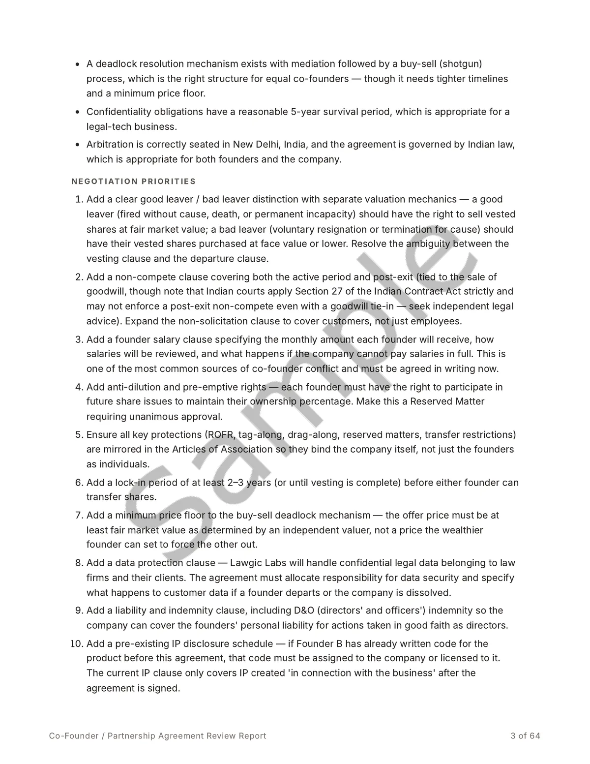 Sample report page listing the key strengths and a numbered set of negotiation priorities.