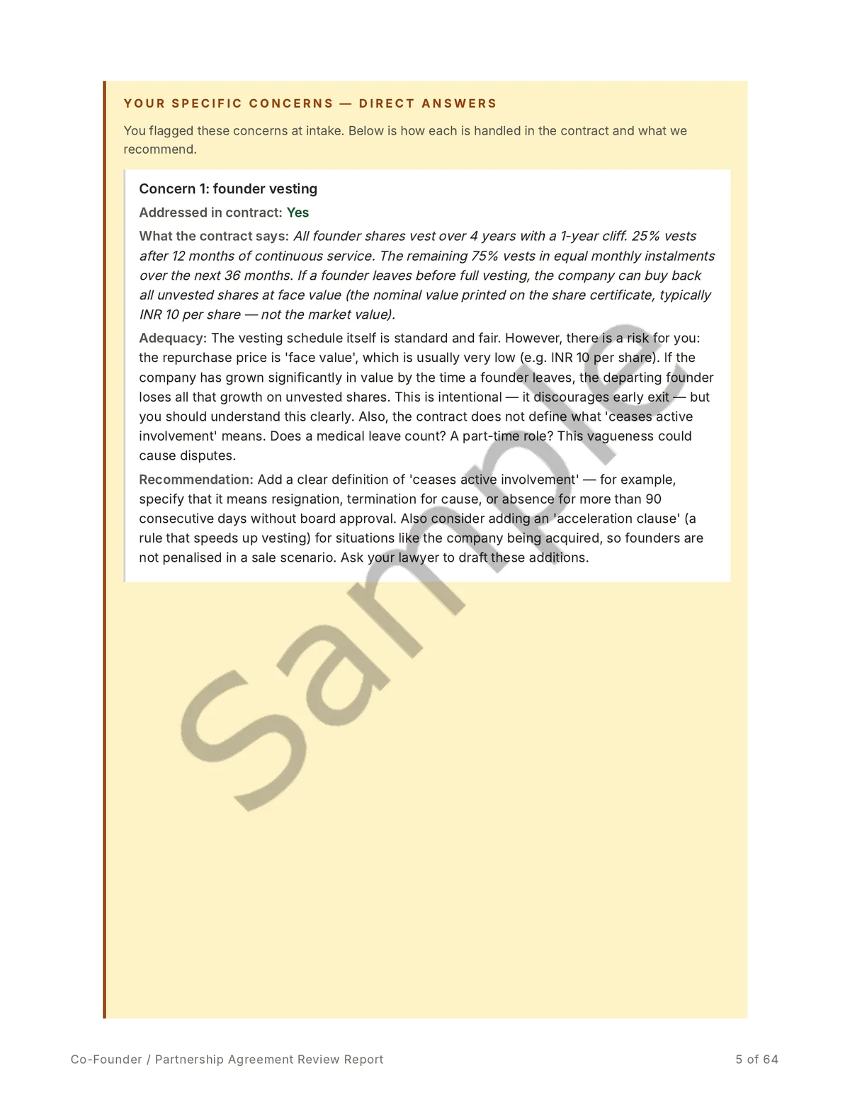Sample report page answering the founders' specific concerns, quoting the relevant clause and giving a clear recommendation.