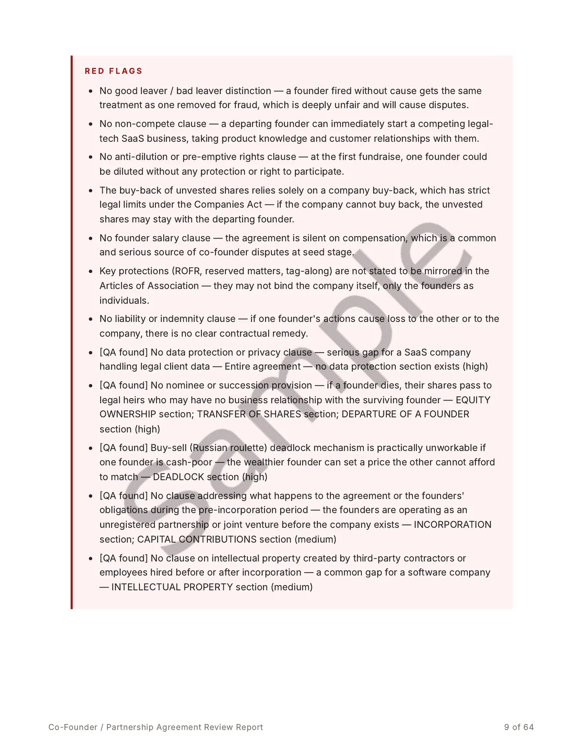 Sample report page listing red flags found in the agreement, including no good-leaver / bad-leaver distinction and no non-compete clause.