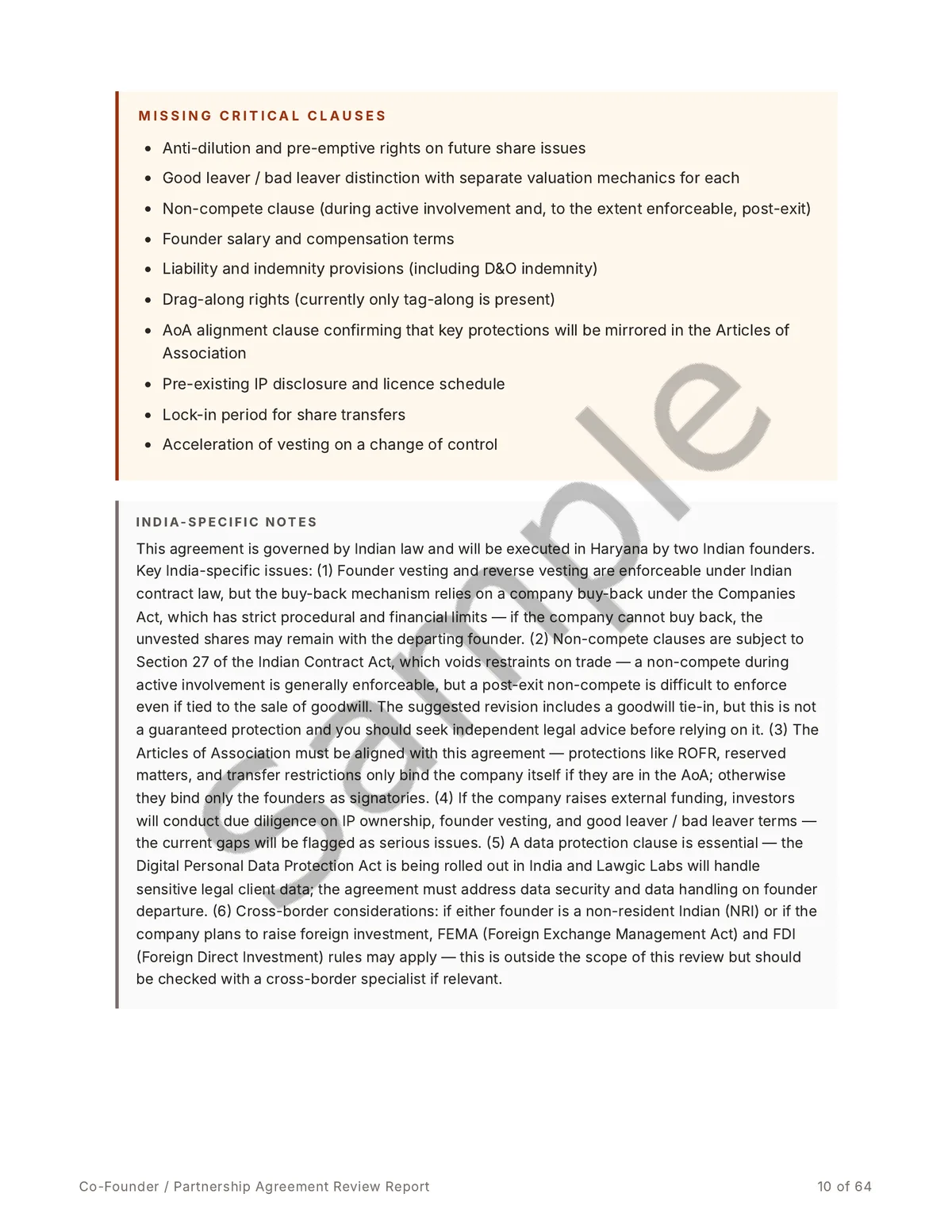 Sample report page covering the missing critical clauses and India-specific legal notes, including Section 27 non-compete, AoA alignment and stamp-duty points.
