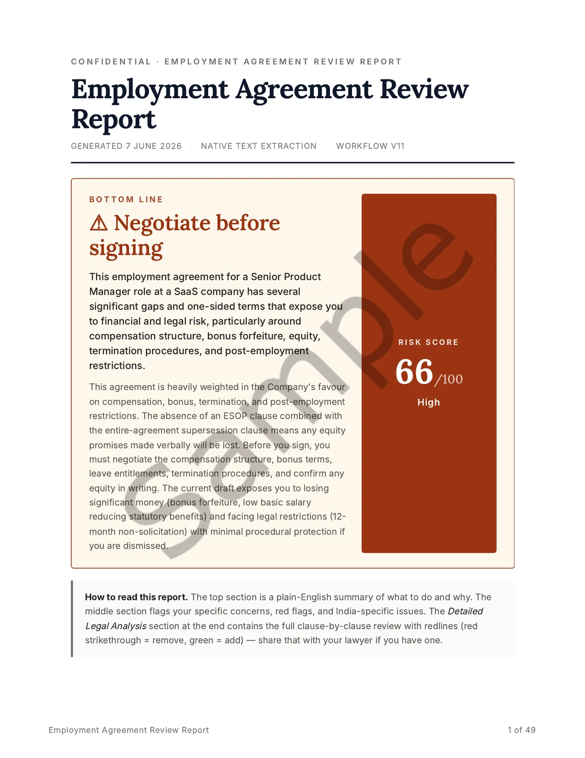 Sample report cover page: bottom-line verdict to negotiate before signing, with a risk score of 66 out of 100, rated High.