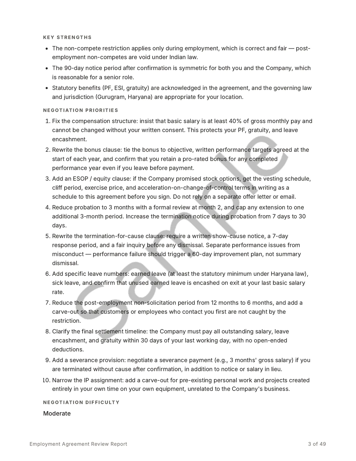 Sample report page listing the key strengths and a numbered set of negotiation priorities.