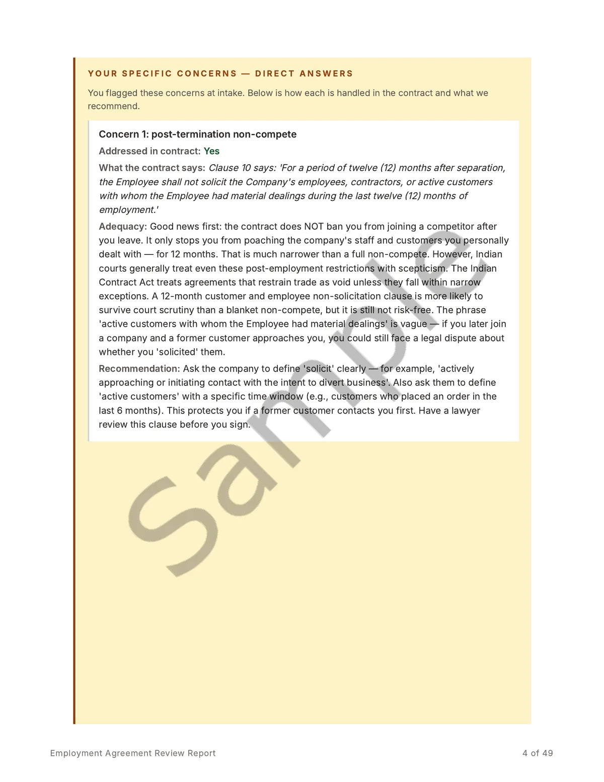 Sample report page answering the employee's specific concerns, quoting the relevant clause and giving a clear recommendation.