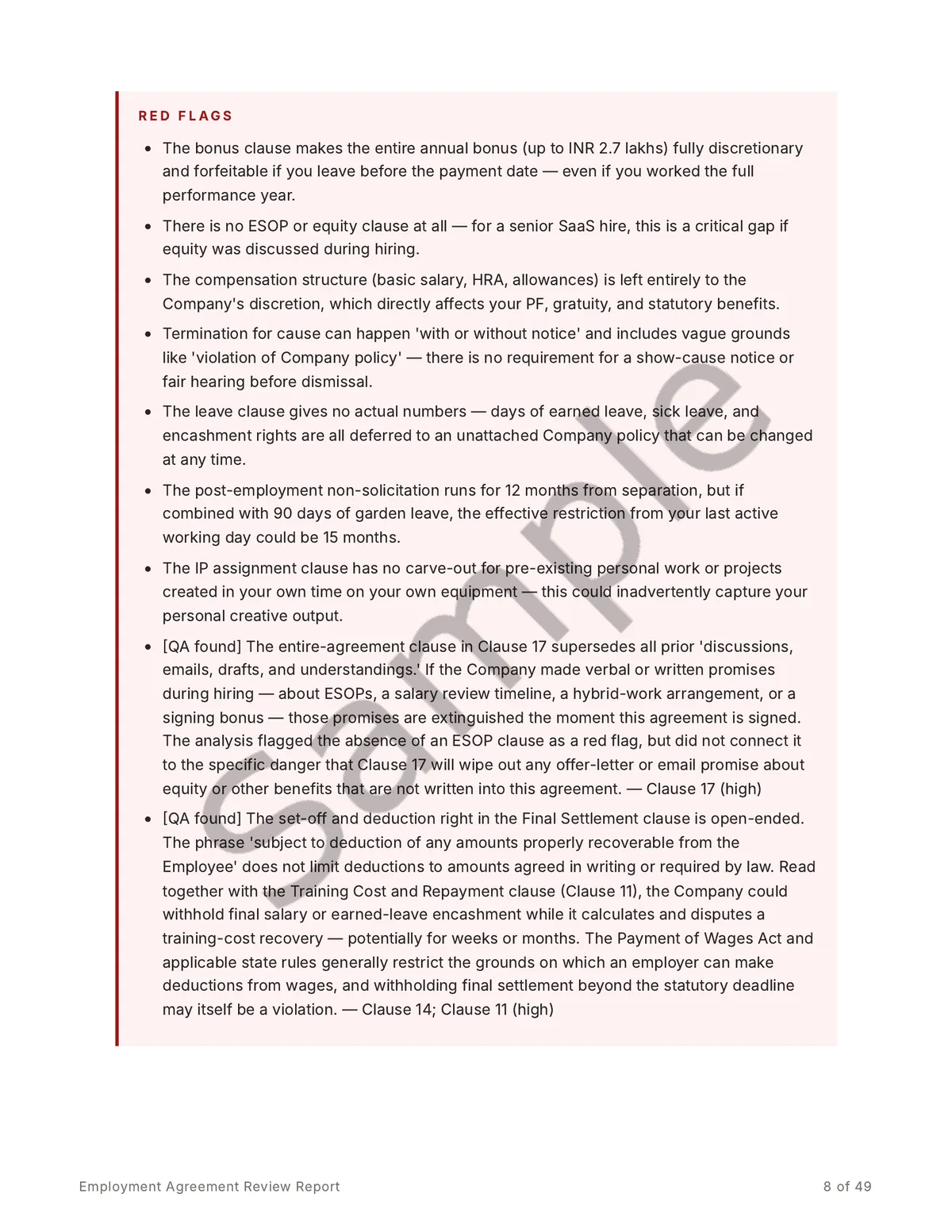 Sample report page listing red flags found in the agreement, including a forfeitable discretionary bonus and a missing ESOP or equity clause.