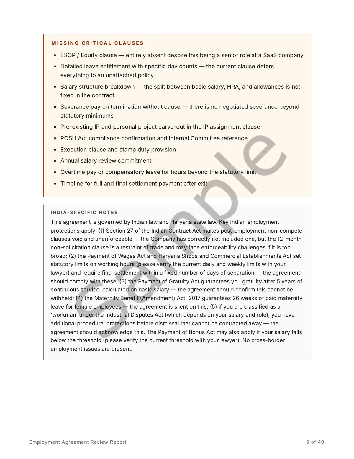 Sample report page covering the missing critical clauses and India-specific legal notes, including Section 27, gratuity and maternity-benefit points.