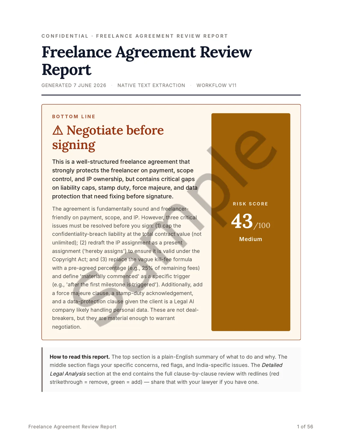 Sample report cover page: bottom-line verdict to negotiate before signing, with a risk score of 43 out of 100, rated Medium.
