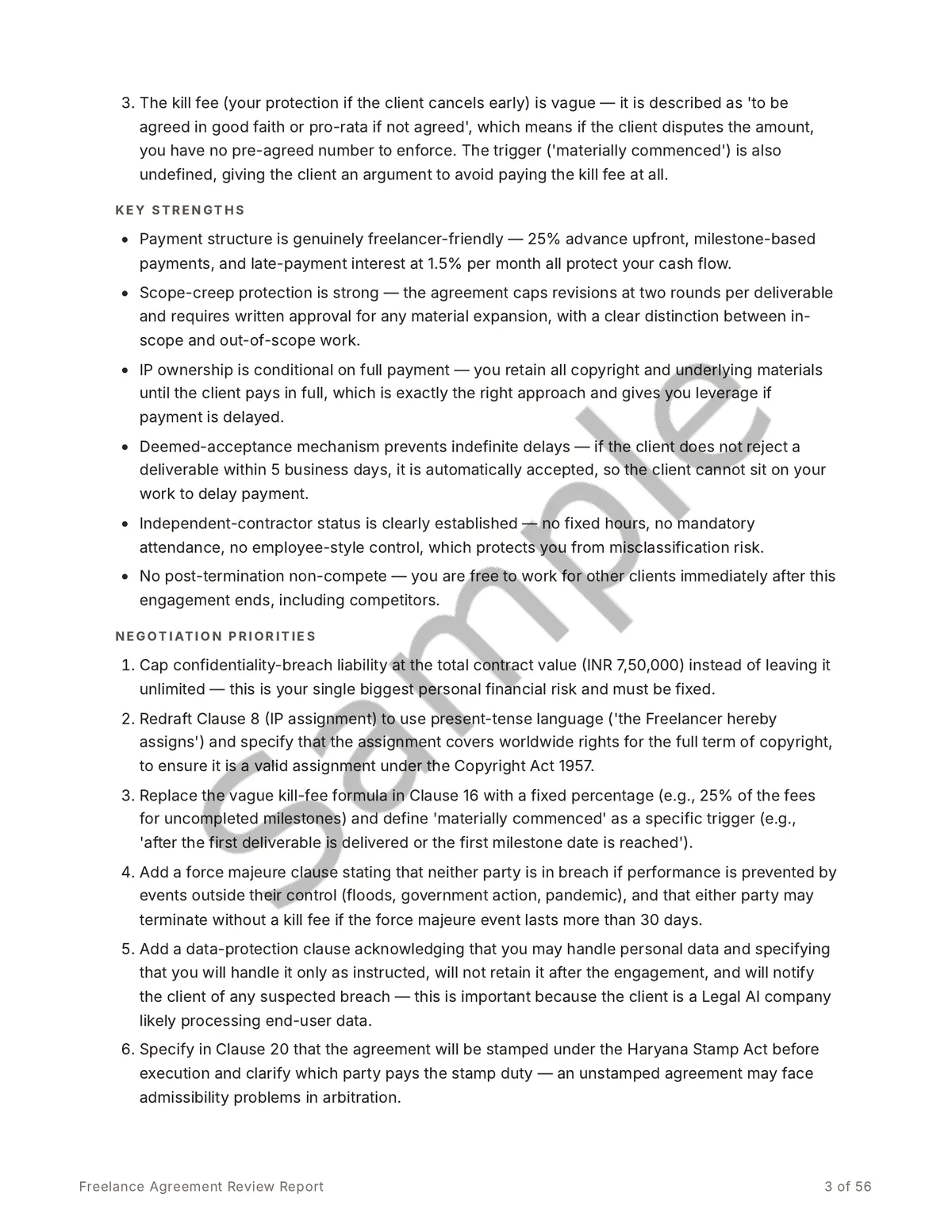 Sample report page listing the top concerns, key strengths, and a numbered set of negotiation priorities.