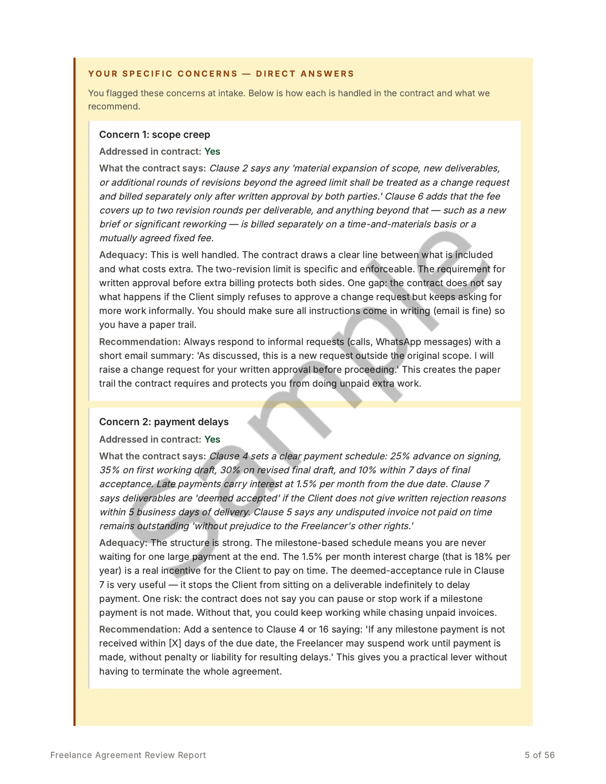 Sample report page answering the freelancer's specific concerns, quoting the relevant clause and giving a clear recommendation.