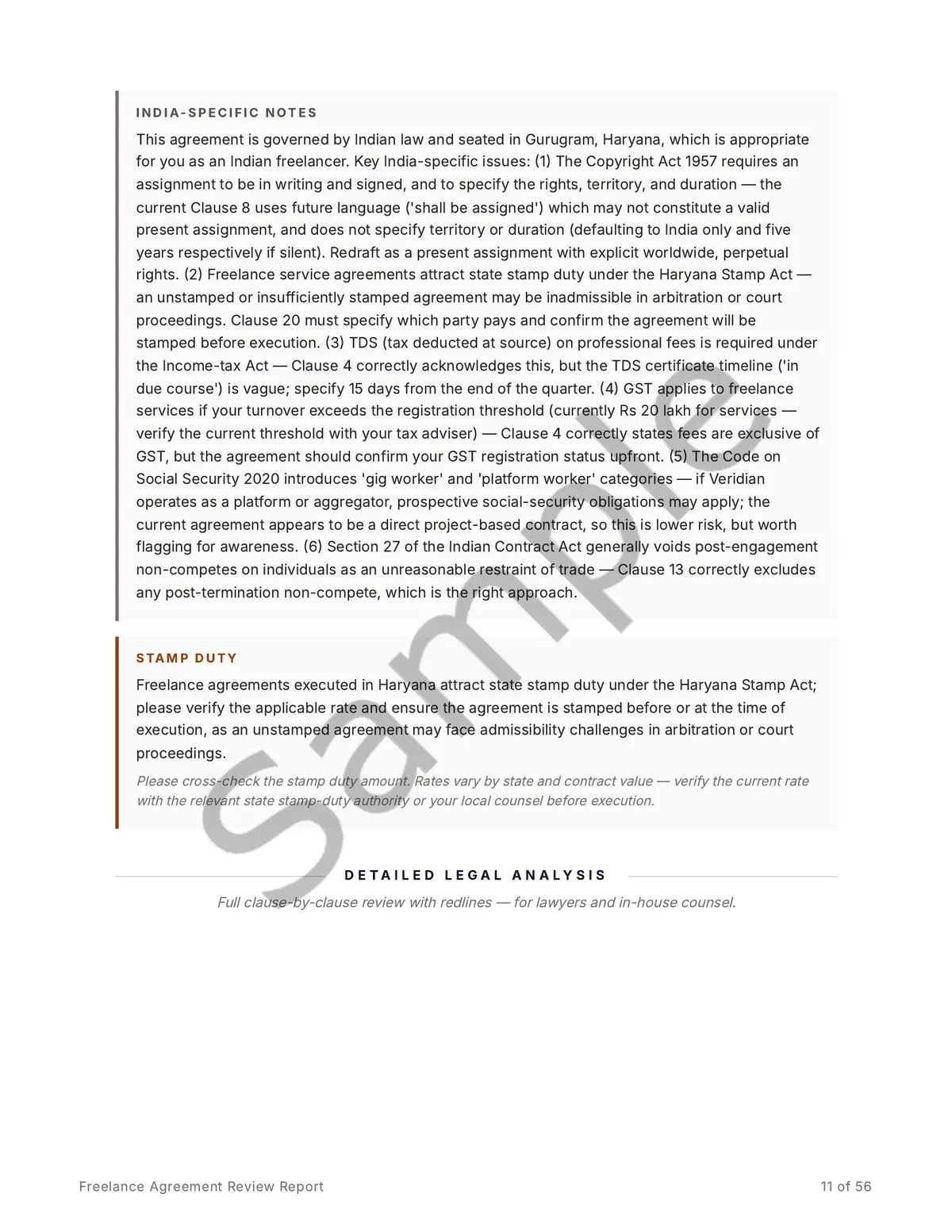 Sample report page covering India-specific legal notes and stamp-duty obligations, including Copyright Act assignment and TDS points.