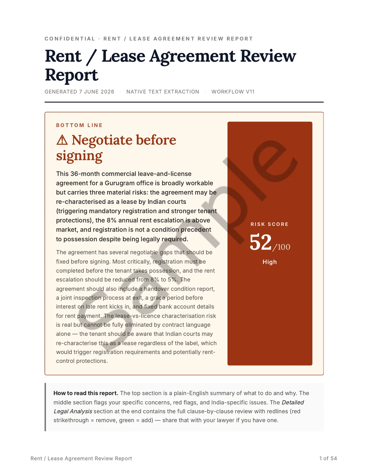 Sample report cover page: bottom-line verdict to negotiate before signing, with a risk score of 52 out of 100, rated High.