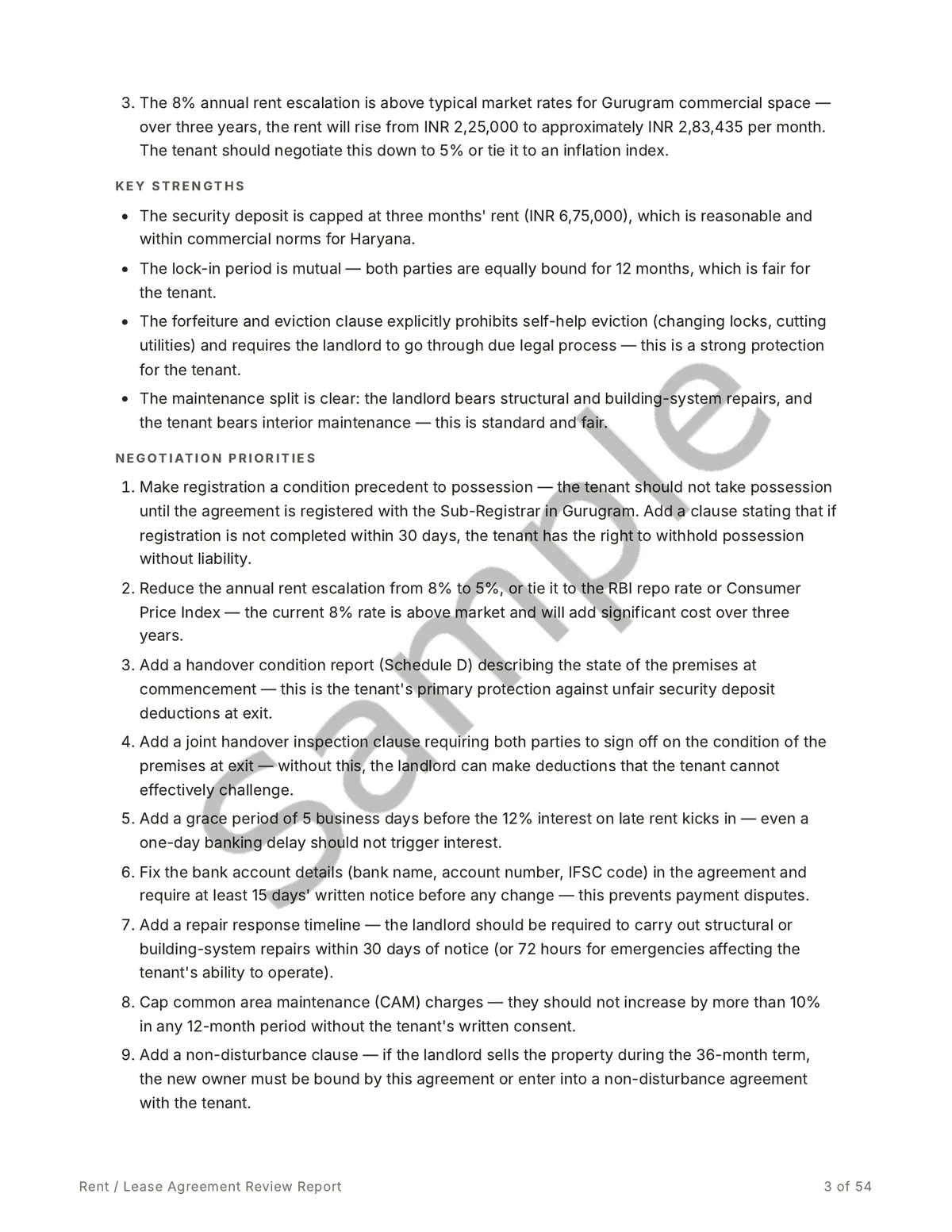 Sample report page listing the top concerns, key strengths, and a numbered set of negotiation priorities.