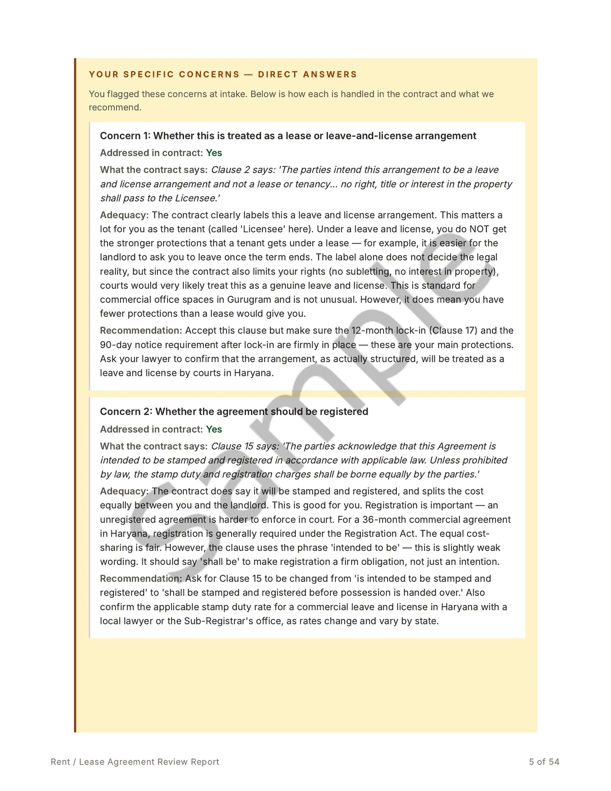 Sample report page answering the tenant's specific concerns, quoting the relevant clause and giving a clear recommendation.