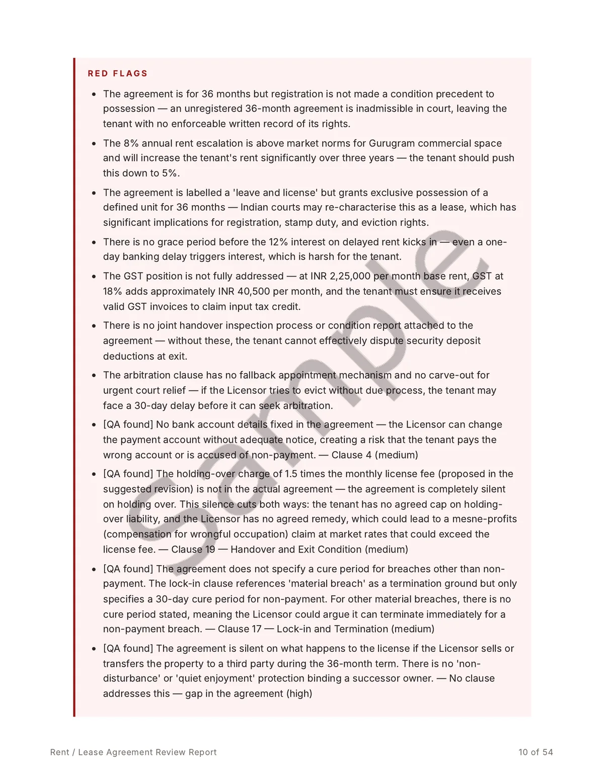 Sample report page listing red flags found in the agreement, including registration not being a condition precedent and an above-market rent escalation.