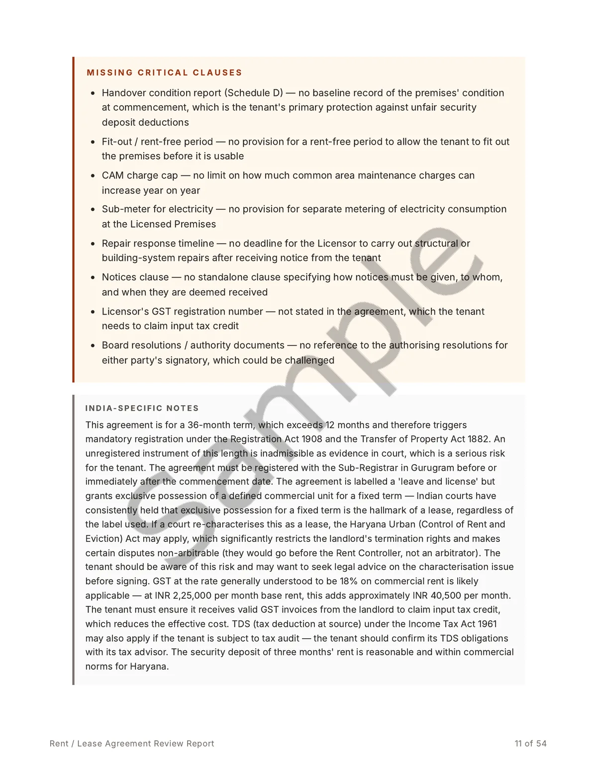 Sample report page covering the missing critical clauses and India-specific legal notes, including registration, lease-vs-licence and stamp-duty points.