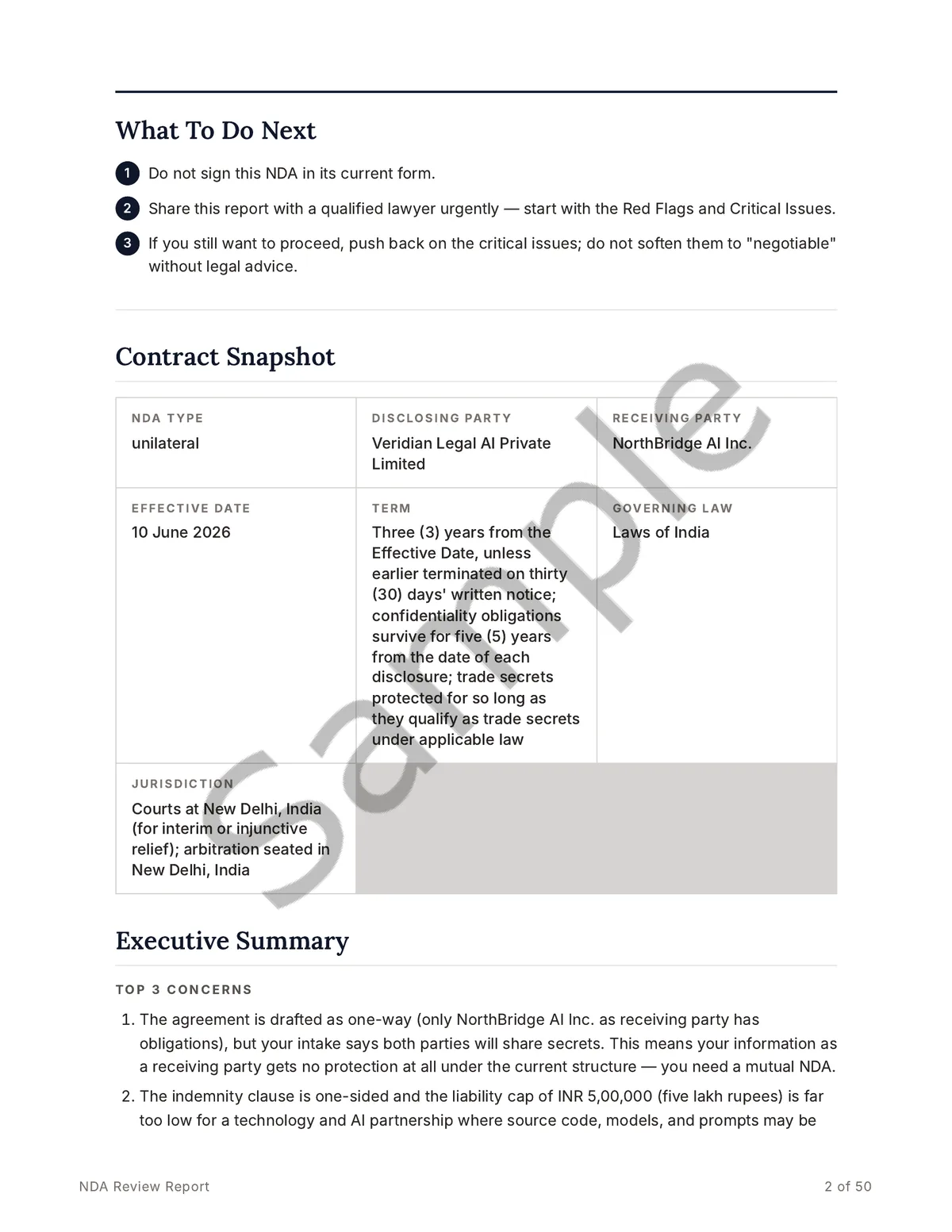 Sample report page with the what-to-do-next steps and the contract snapshot, including NDA type, parties, term and governing law.