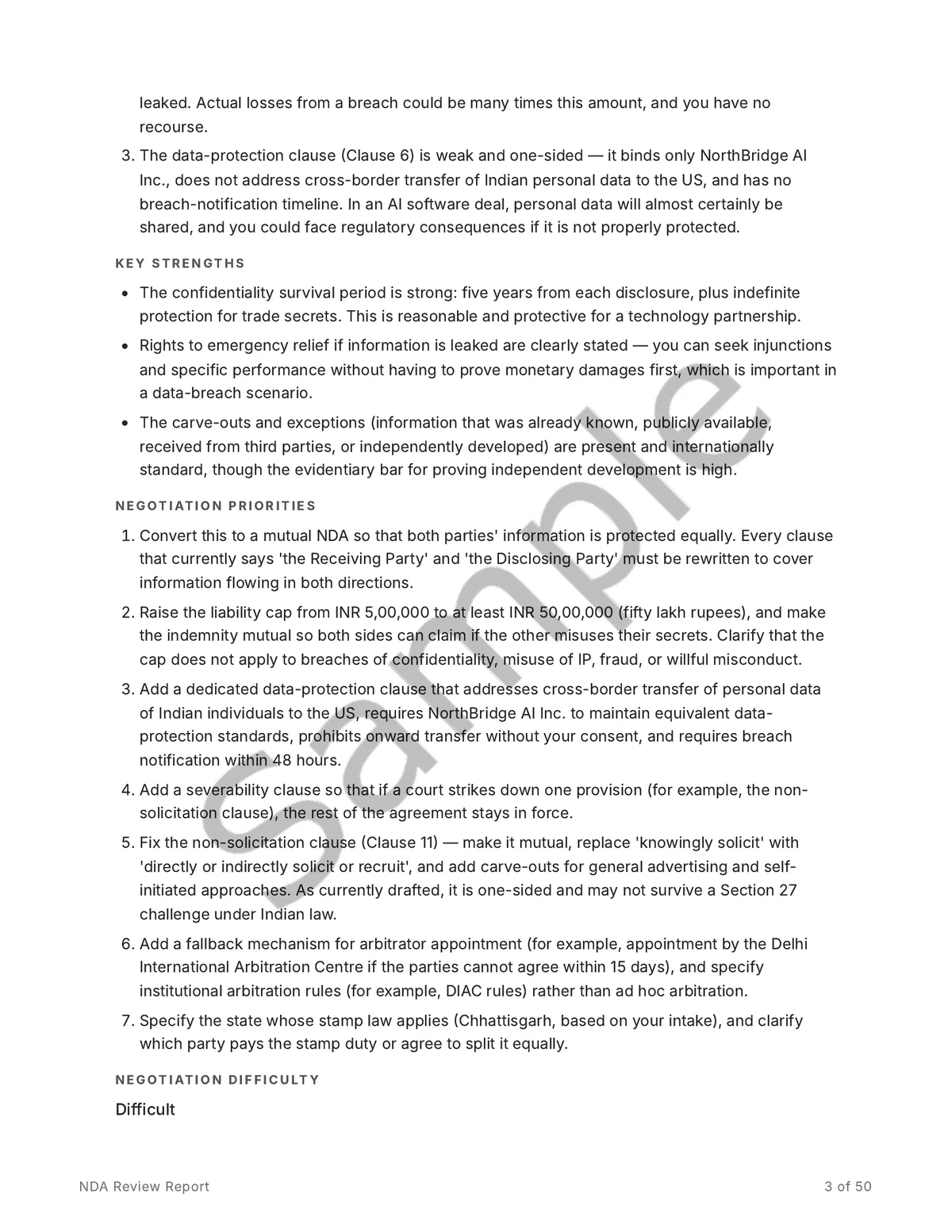 Sample report page listing the top concerns, key strengths, and a numbered set of negotiation priorities.