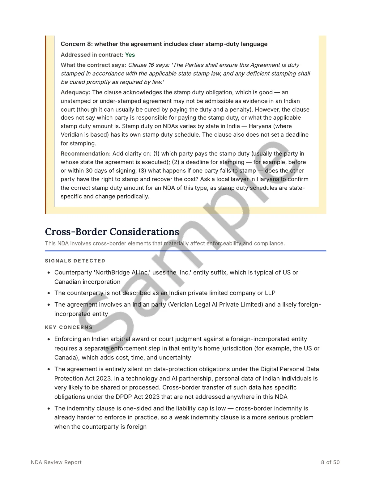 Sample report page on cross-border considerations, listing detected signals and key enforcement and data-protection concerns for a foreign counterparty.