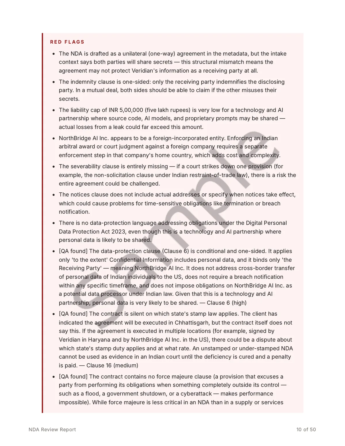 Sample report page listing red flags found in the NDA, including a one-sided indemnity, a low liability cap and a missing severability clause.