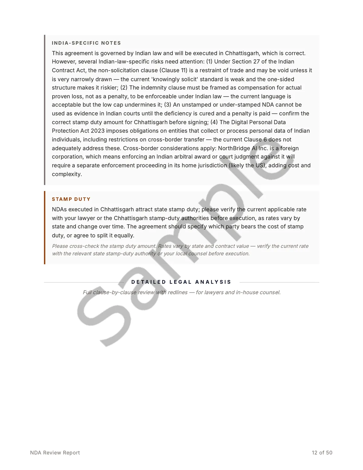 Sample report page covering India-specific legal notes and stamp-duty obligations, including Section 27 restraint-of-trade and DPDP Act points.