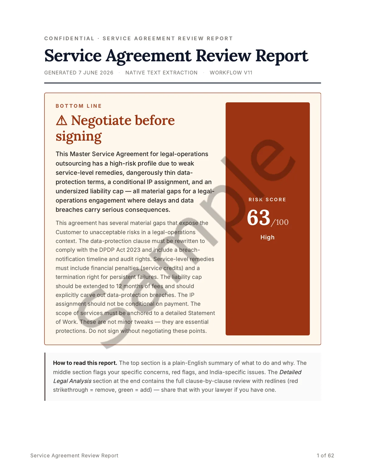 Sample report cover page: bottom-line verdict to negotiate before signing, with a risk score of 63 out of 100, rated High.