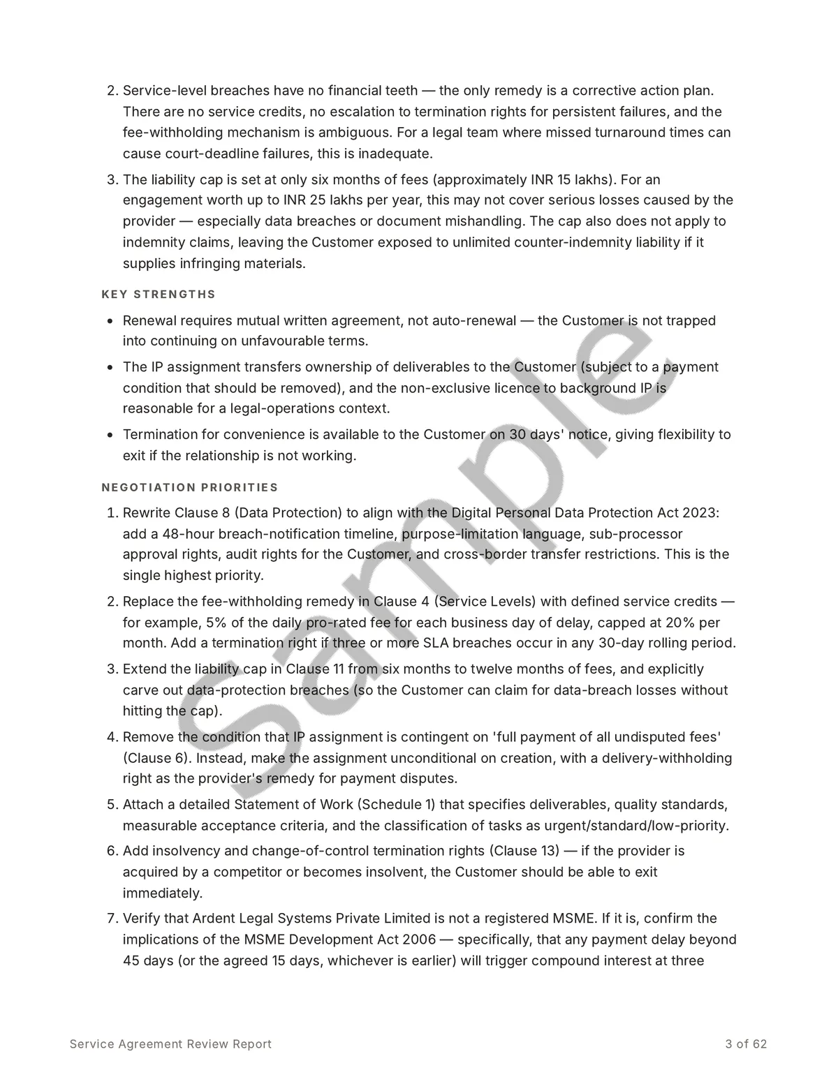 Sample report page listing the top concerns, key strengths, and a numbered set of negotiation priorities.
