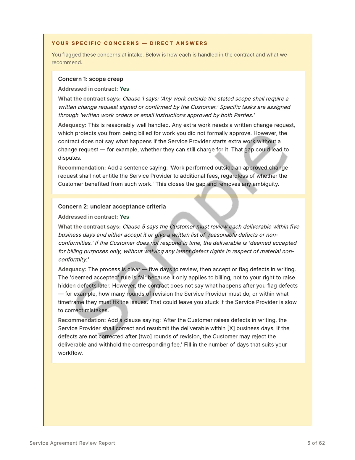 Sample report page answering the customer's specific concerns, quoting the relevant clause and giving a clear recommendation.