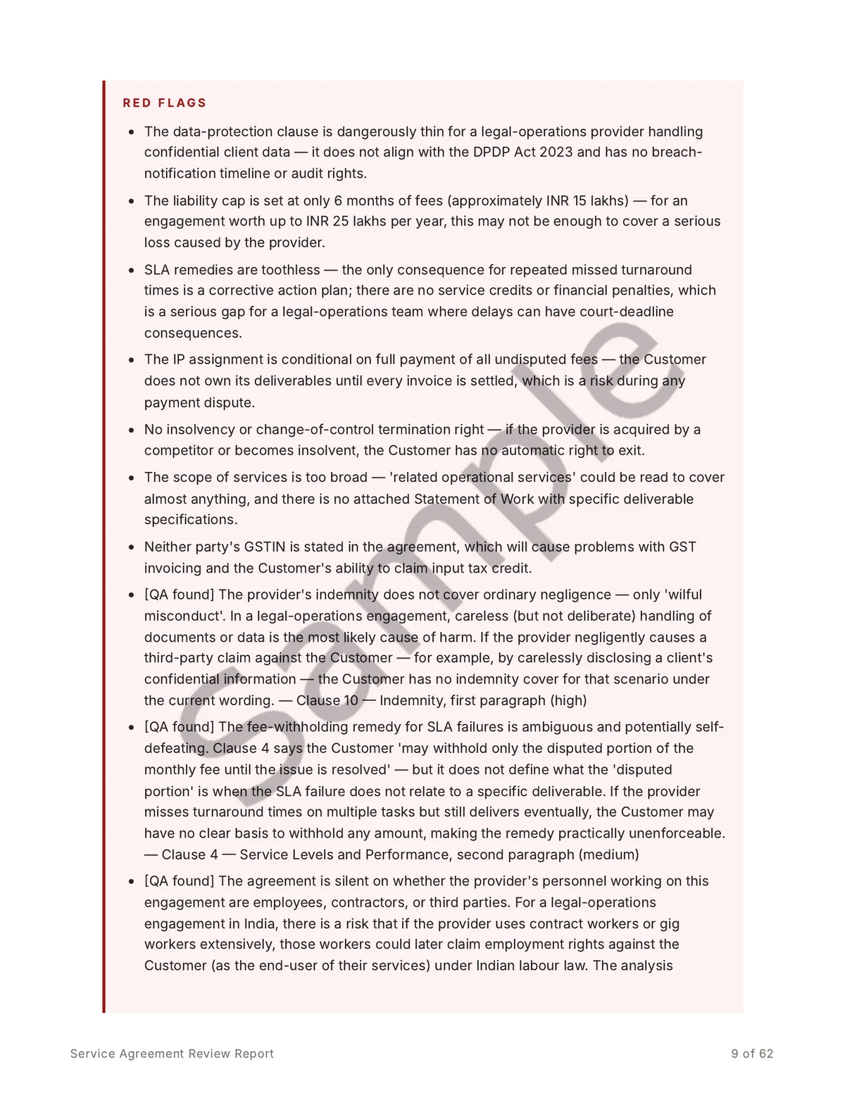 Sample report page listing red flags found in the agreement, including a thin data-protection clause and toothless SLA remedies.