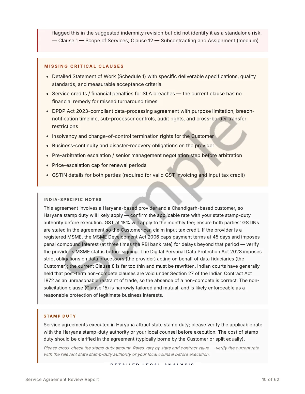 Sample report page covering the missing critical clauses and India-specific legal notes, including DPDP Act, GST and stamp-duty points.