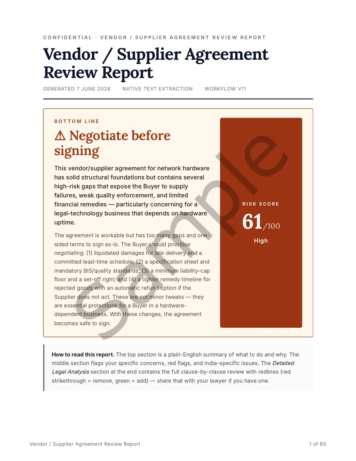 Sample report cover page: bottom-line verdict to negotiate before signing, with a risk score of 61 out of 100, rated High.
