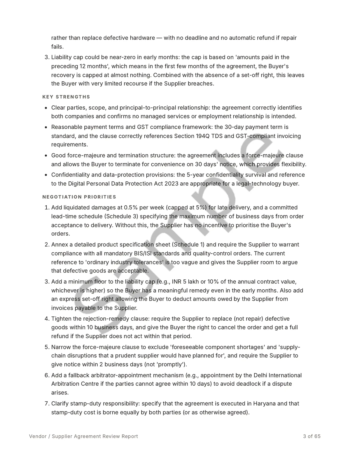 Sample report page listing the top concerns, key strengths, and a numbered set of negotiation priorities.