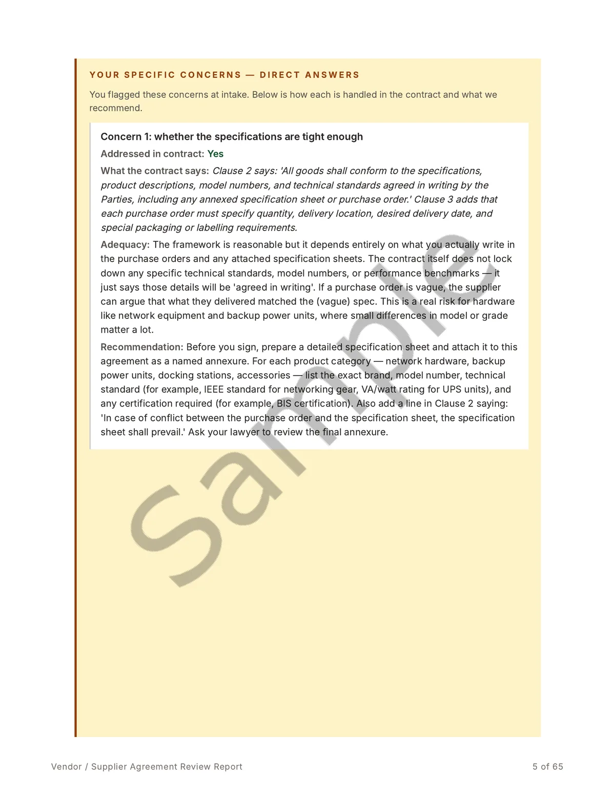 Sample report page answering the buyer's specific concerns, quoting the relevant clause and giving a clear recommendation.