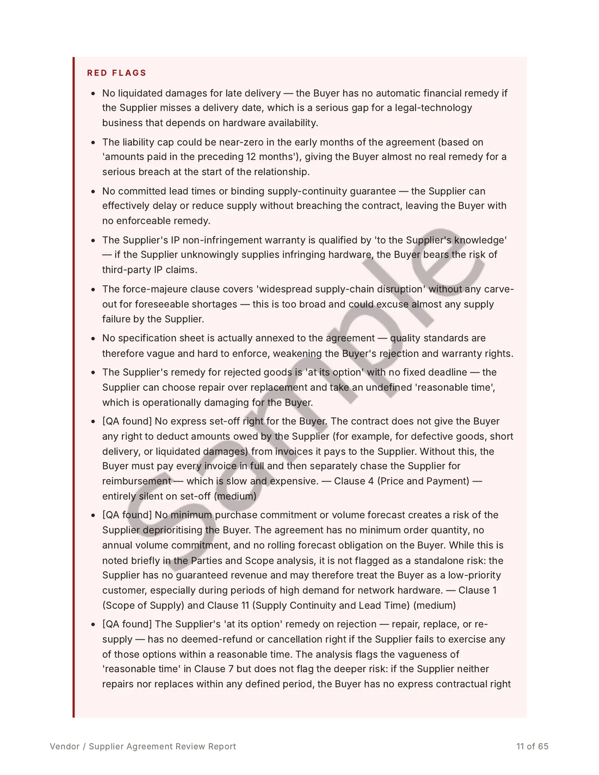 Sample report page listing red flags found in the agreement, including missing liquidated damages and a near-zero liability cap.