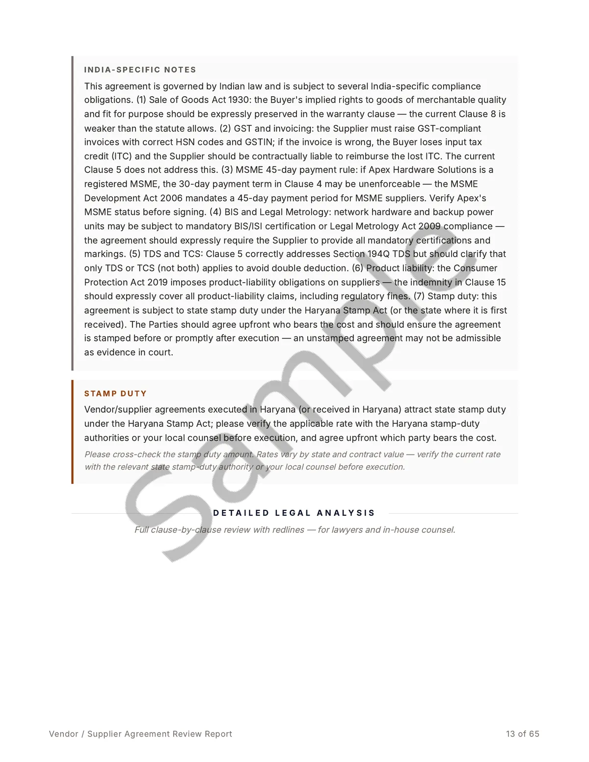 Sample report page covering India-specific legal notes and stamp-duty obligations relevant to the agreement.